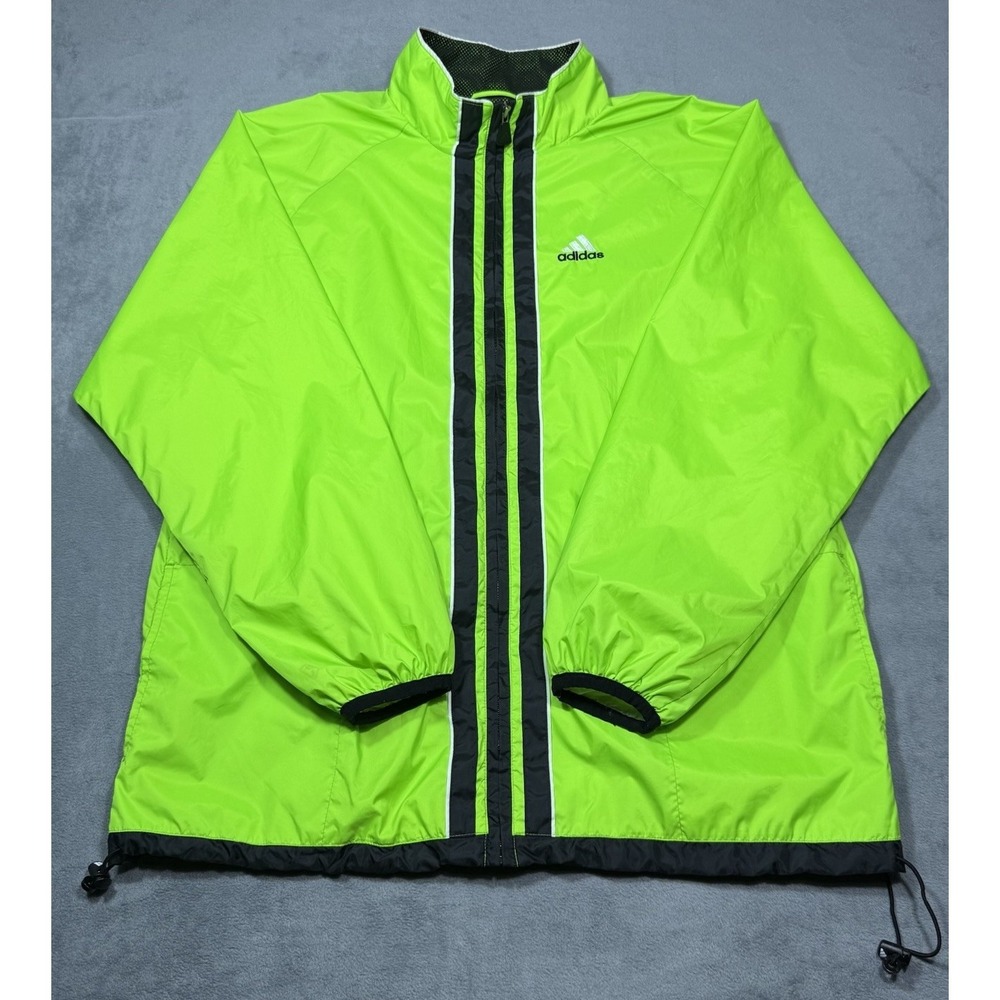 VINTAGE Adidas Jacket Mens XL Neon Green Track Windbreaker Full Zip Cinch Waist